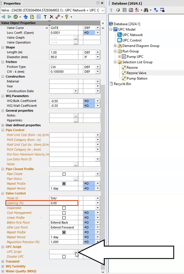 In the Properties window, the Valve Control Opening (%) set to 0 and highlighted, and next to UPC Script, the More (…) button selected and called out.