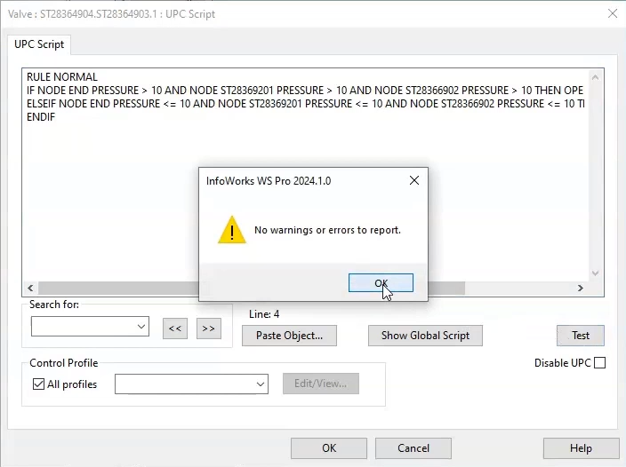 The UPC Script dialog box with lines of code added to the text box, and the notification reporting no errors or warnings with OK selected.