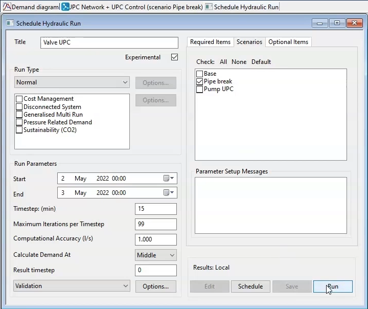 The Schedule Hydraulic Run dialog box with options configured for the Pipe break scenario and Run selected.