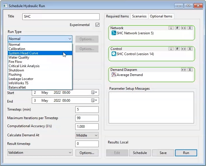 The Schedule Hydraulic Run dialog box, with the options set for this exercise, and the System Head Curve run type being selected from the drop-down.