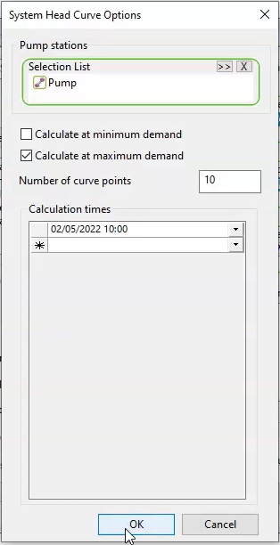 The System Head Curve Options dialog box, with the selected pump active, the Calculate at maximum demand option enabled, the Number of curve points set to 10, and the desired date entered.