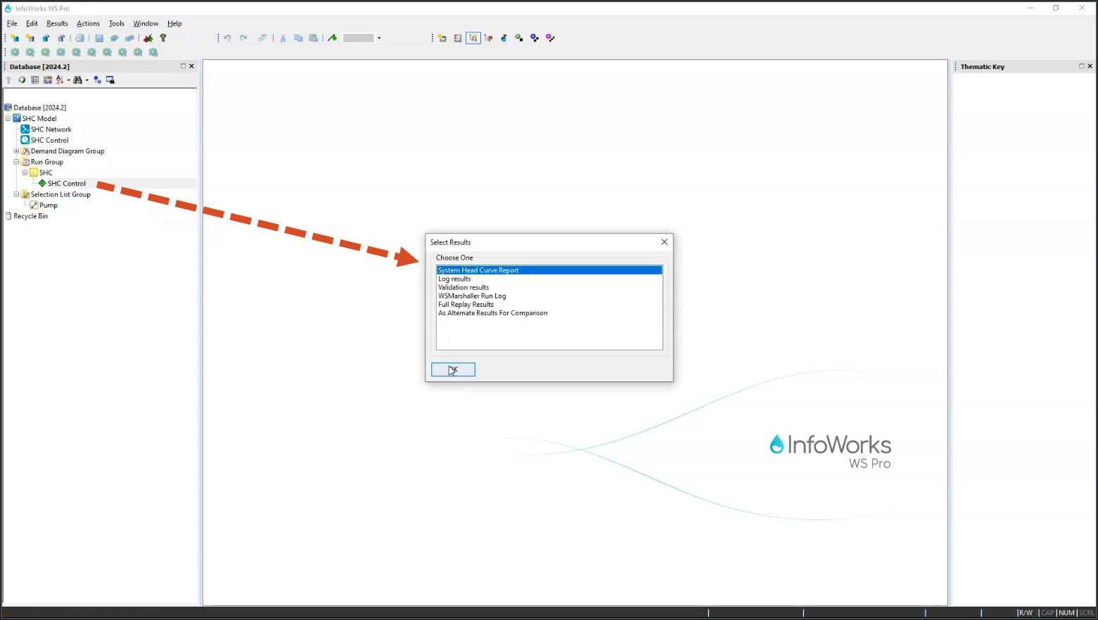 The InfoWorks WS Pro interface, with the Select Results popup open, a callout from the SHC control object, and System Head Curve Report chosen from the list.