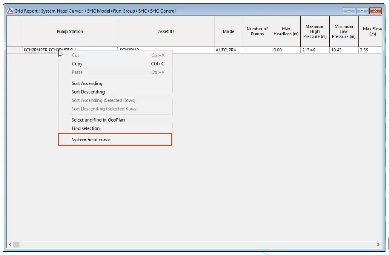 The Grid Report : System Head Curve dialog box open, with the selected pump having been right-clicked, and System head curve highlighted in the list for selection.