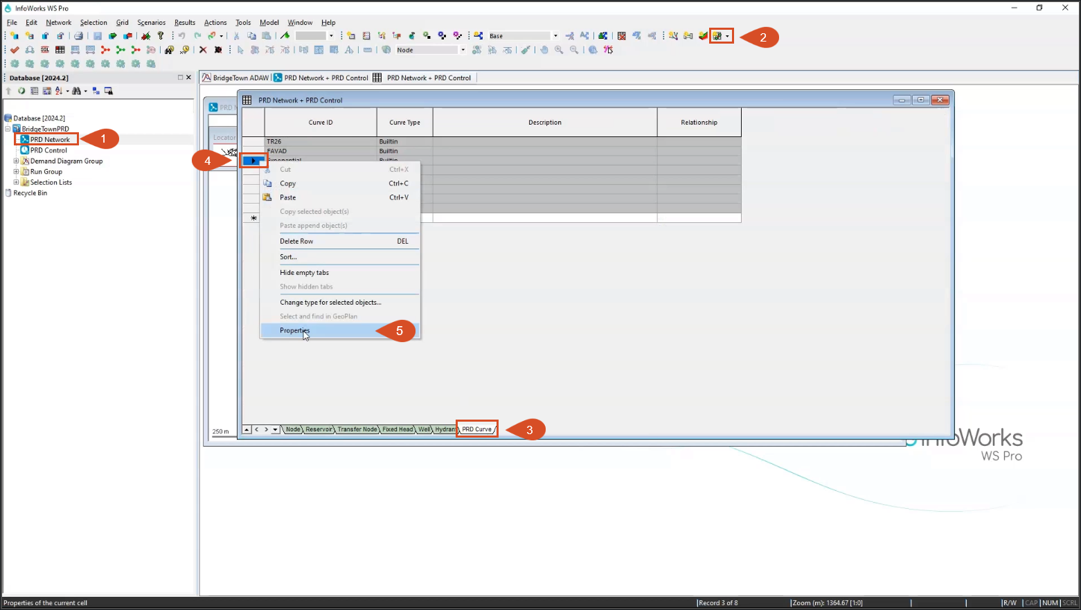 The InfoWorks WS Pro interface, with steps shown for opening a PRD network and accessing its properties.