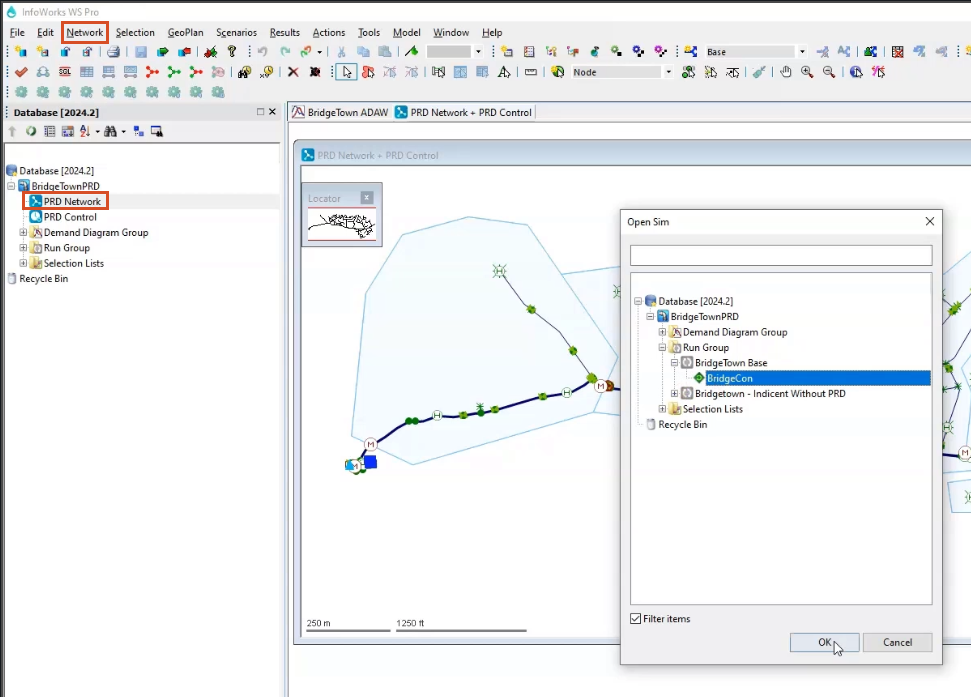 The PRD Network open in the GeoPlan, with the Open Sim dialog box open, and the BridgeCon base simulation results being selected for opening.