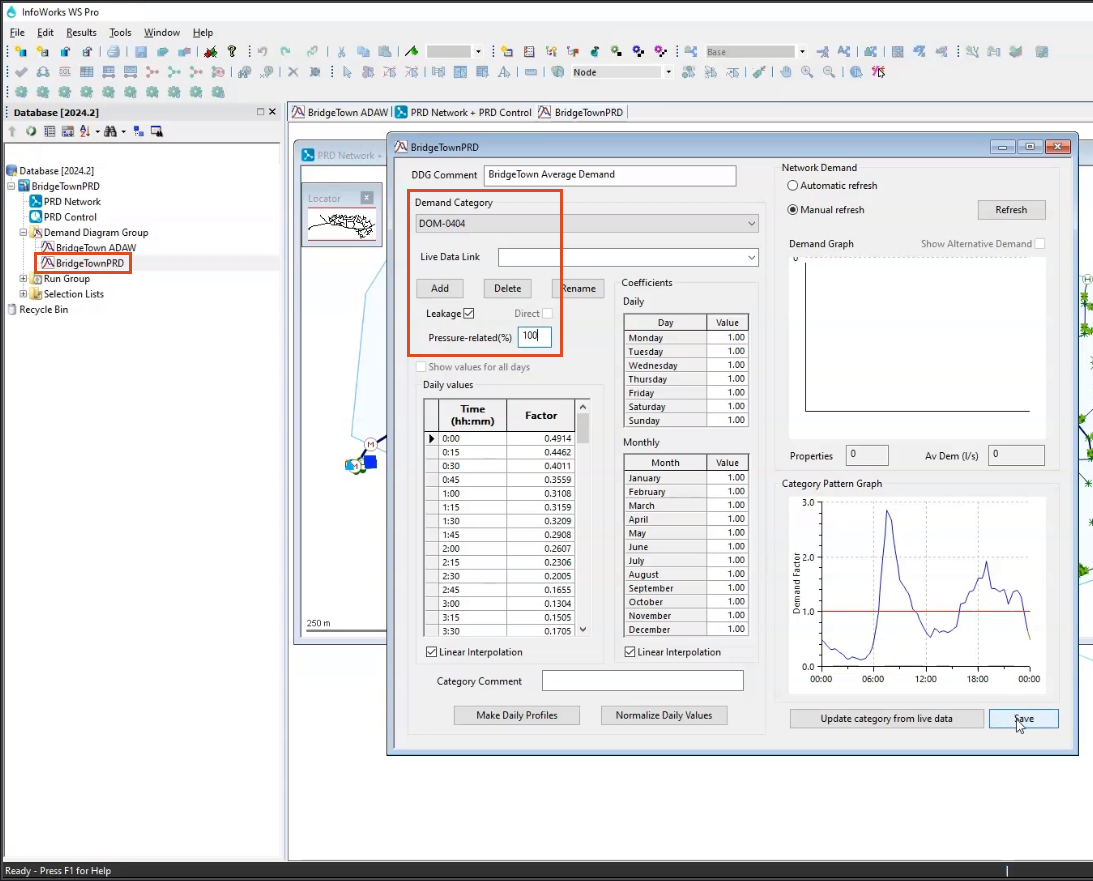 The Bridge Town PRD simulation options open, with the Demand Category, Leakage, and Pressure-related options selected for this exercise.