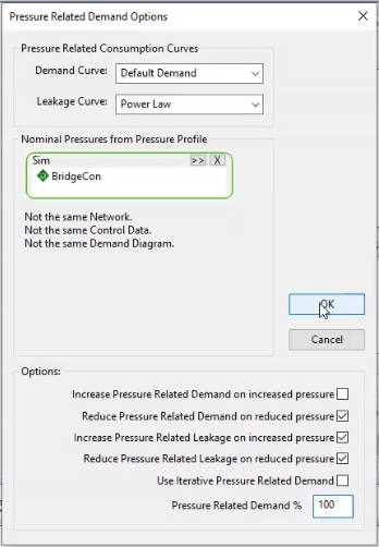 The Pressure Related Demand Options dialog box, with the BridgeCon simulation active and the options set for this exercise.