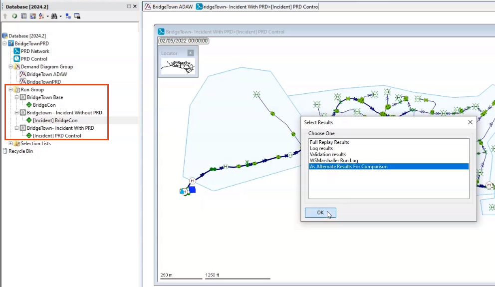 The Select Results dialog box open for selection of the As Alternate Results for Comparison option, after expanding the new run groups and activating the BridgeCon – Incident Without PRD.