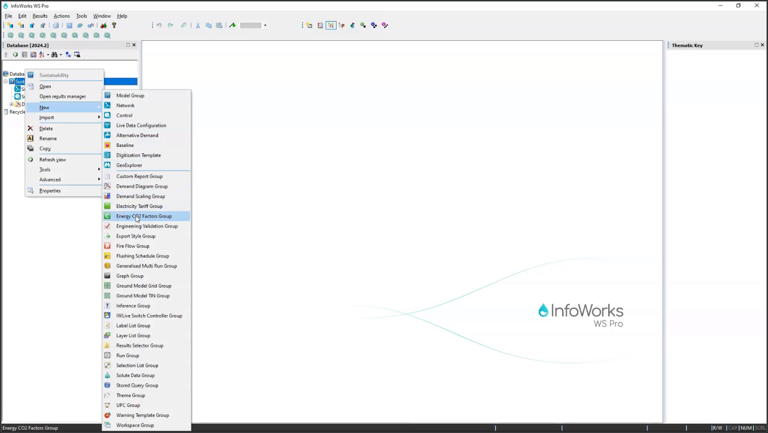 The InfoWorks WS Pro interface, with no model open and the Sustainability > New > Energy CO2 Factors group being selected from the Model Group.