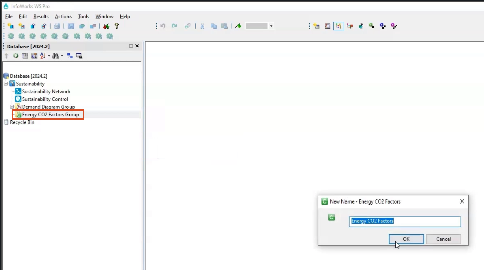 The corner of the WS Pro interface, with a highlight around the Energy CO2 Factors Group in the Model Group to indicate it was right-clicked, and the New Name – Energy CO2 Factors popup being populated.