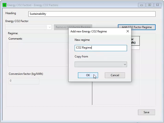 The Add new Energy CO2 Regime popup, populated with the new name “CO2 Regime,” and the Energy CO2 Factors dialog box open in the background, with the Add CO2 Factors Regime button still highlighted after selection.