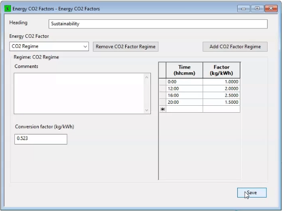 The Energy CO2 Factors dialog box, populated with the energy factors for this exercise in a table, with the Time column on the left and the Factors listed on the right.