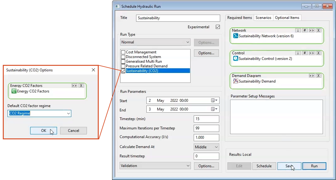 The Schedule Hydraulic Run dialog box, alongside the Sustainability (CO2) Options dialog box, which is highlighted red and pointing to the Sustainability (CO2) Run Type, to indicate it was opened when the run type was selected.