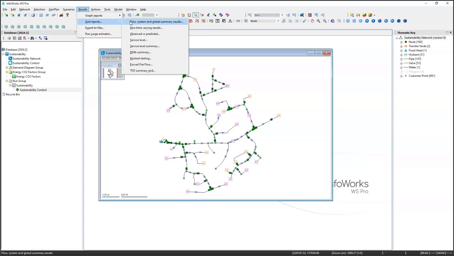 The InfoWorks WS Pro interface, with the simulation results open in the GeoPlan and the Results menu expanded with Grid Reports > Flow, system and global summary results being selected.