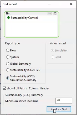 The Grid Report dialog box, with Sustainability Control dropped into the Sim box, the Sustainability (CO2) Simulation Summary option active, Show Full Path in Column Header selected, and 20 entered for the Minimum service level (m).