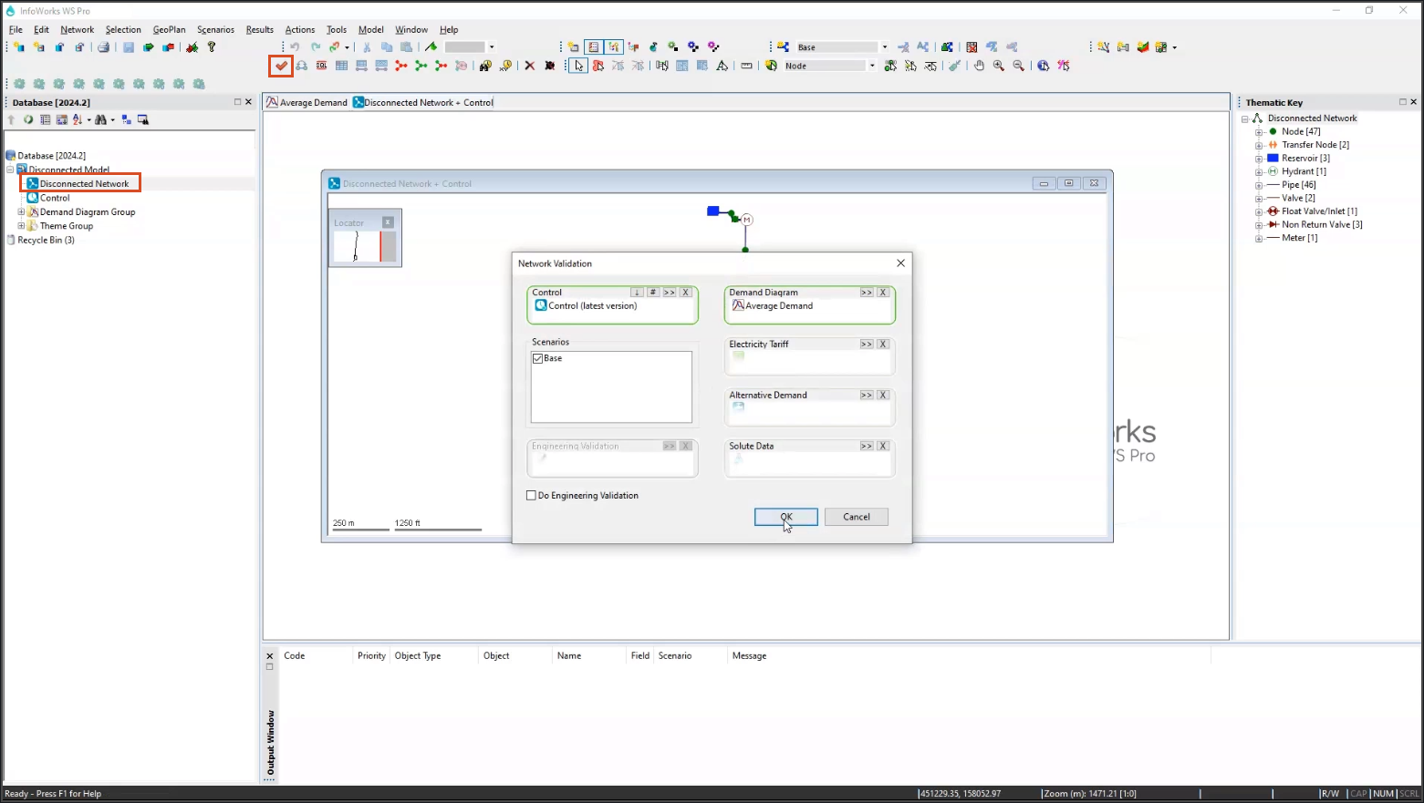 The InfoWorks WS Pro interface, with the Disconnected Model network open in the GeoPlan in the background, and the Network Validation dialog box open and configured with a control and demand diagram open in the foreground.