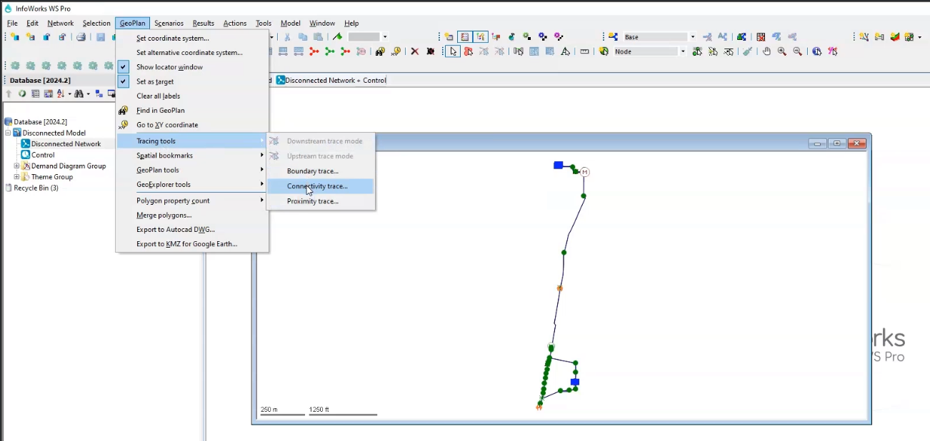 The GeoPlan menu expanded with Tracing tools > Connectivity Trace being selected, and the Disconnected network open in the GeoPlan.