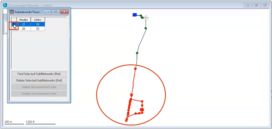 The GeoPlan, with the Subnetworks Found dialog box open to the side, with the selection highlighted in the table that corresponds to the highlighted portion of the network in the GeoPlan.