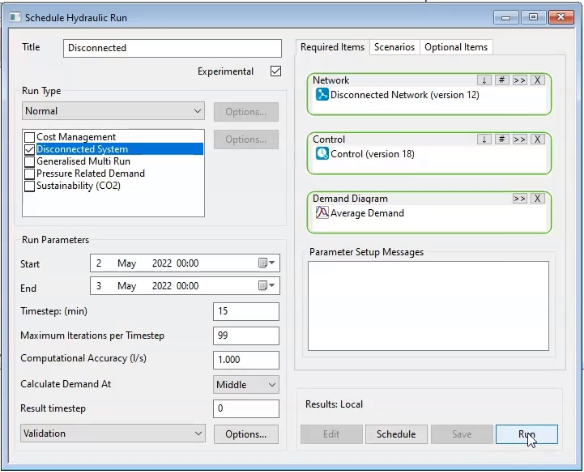 The Schedule Hydraulic Run dialog box, with settings configured for running the disconnected system analysis.