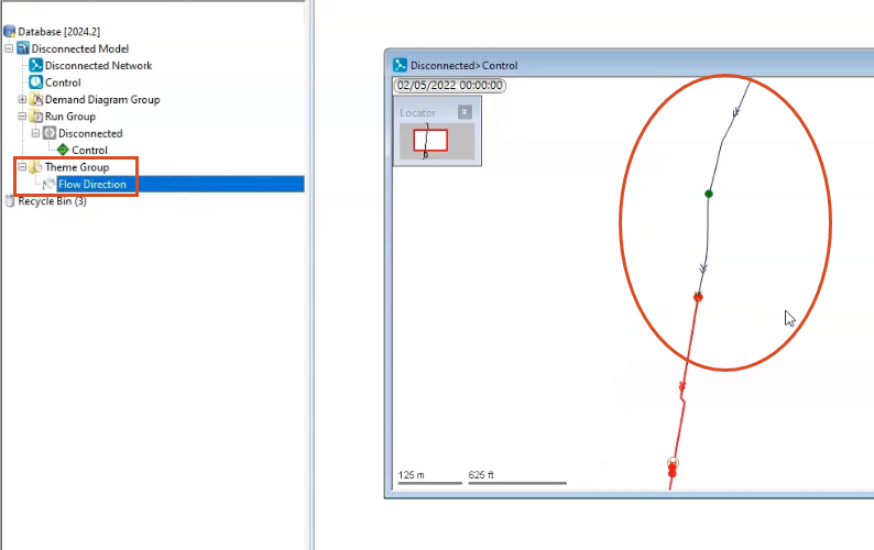 The Model Group to the left, with the theme highlighted that is showing in the GeoPlan to the right, with the now-connected flow highlighted in the model.