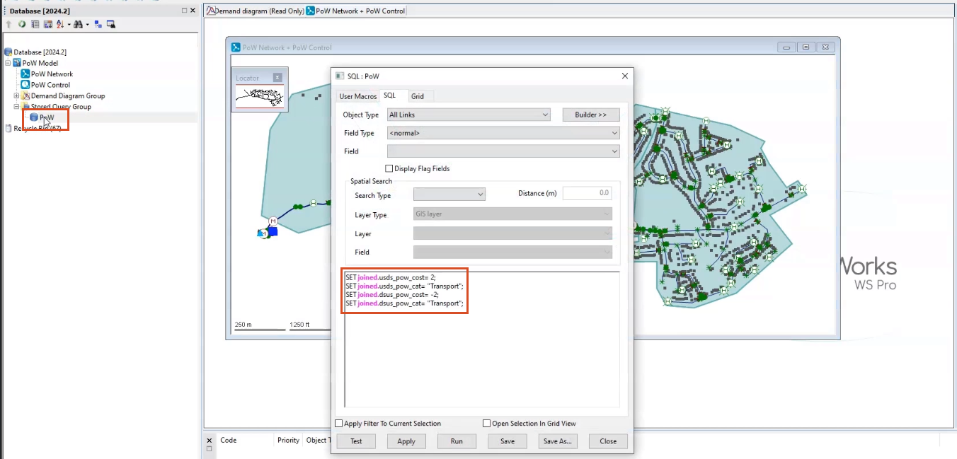 The InfoWorks WS Pro interface, showing the populated GeoPlan in the background, PoW selected from the Model Group, and the PoW dialog box in the foreground, with the provided query showing in the query panel.