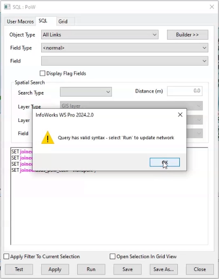 The SQL: PoW dialog box open in the background, with the validation message open in the foreground, stating that the query syntax is valid and the network can be run.