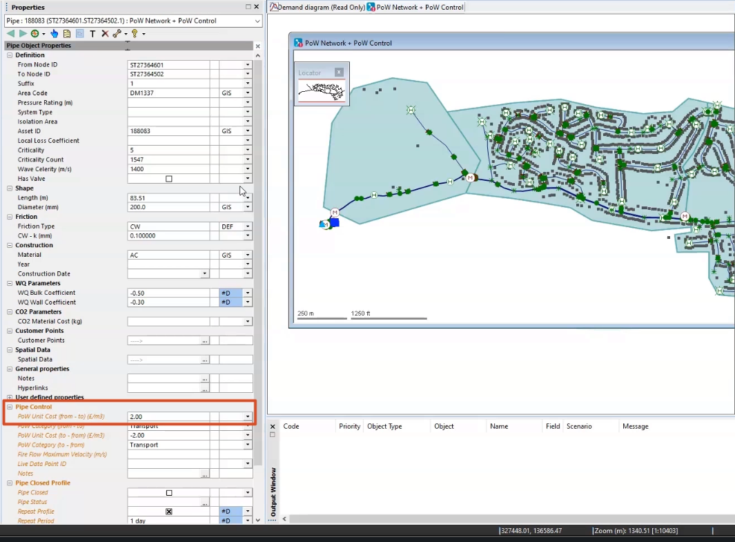 The Properties panel open on the left for a selected pipe from the GeoPlan on the right, with the PoW unit Cost highlighted for the selected pipe under Pipe Control.