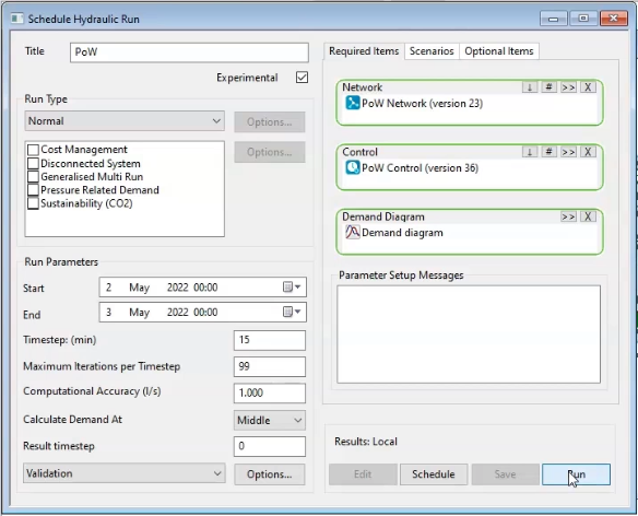 The Schedule Hydraulic Run dialog box configured for the PoW run, with the network, control, and demand diagram populated.