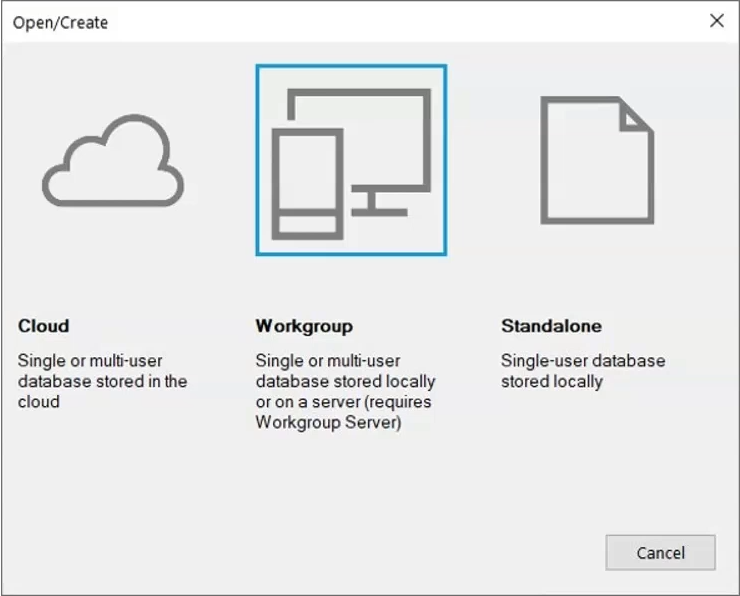 The Open/Create dialog box, with 3 options for creating a database—Cloud, Workgroup, and Standalone—and Workgroup selected.