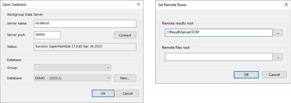 In two side-by-side images, on the left, the Open Database dialog box, with Workgroup Data Server and Database settings, and on the right, the Set Remote Roots dialog box, for selecting remote root locations.