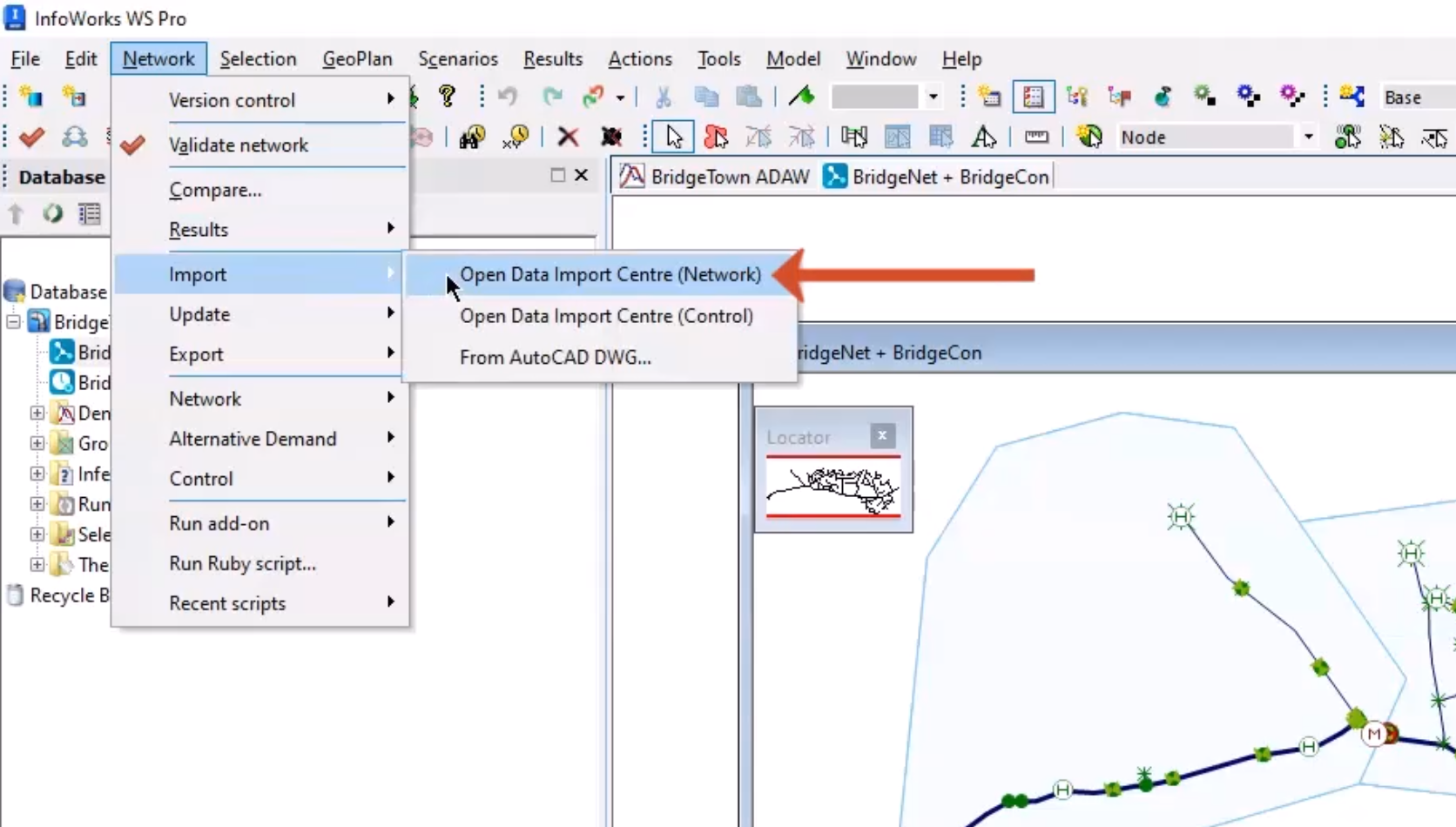 The InfoWorks WS Pro interface, with the Network menu expanded, Import selected, and in the flyout, Open Data Import Centre selected and called out; and the network GeoPlan open in the workspace.