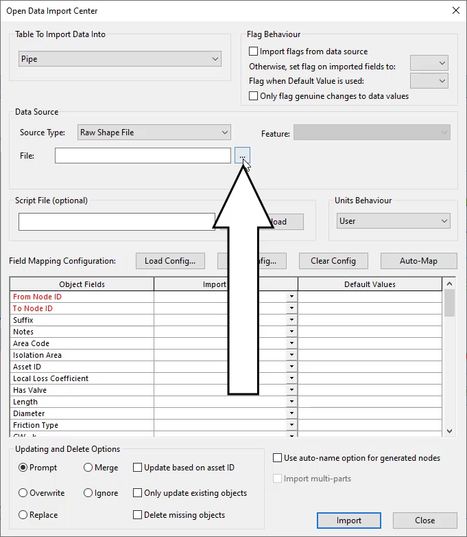 The Open Data Import Centre dialog box, Data Source group box, with the Browse (…) button selected and called out.