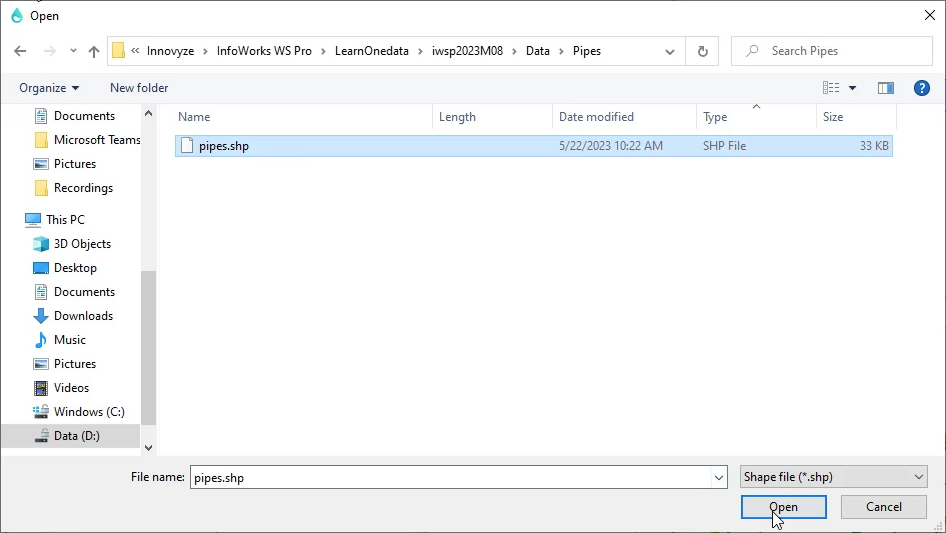 In the file browser window, the Pipes folder with the pipe.shp file highlighted and Open selected.