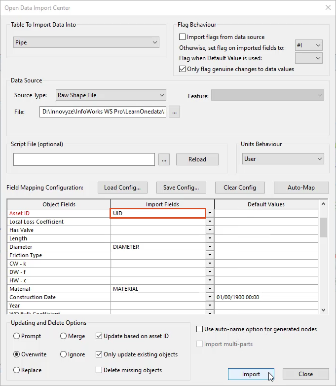 The Open Data Import Centre dialog box with UID selected in the Asset ID import field, all other options configured, and Import selected.