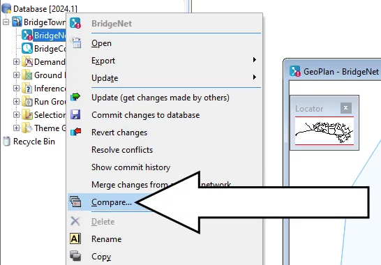 In the Model Group window, the BridgeNet shortcut menu with Compare selected.