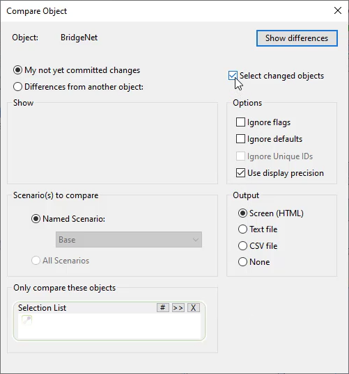 The Compare Object dialog box with Select changed objects enabled and Show differences highlighted.