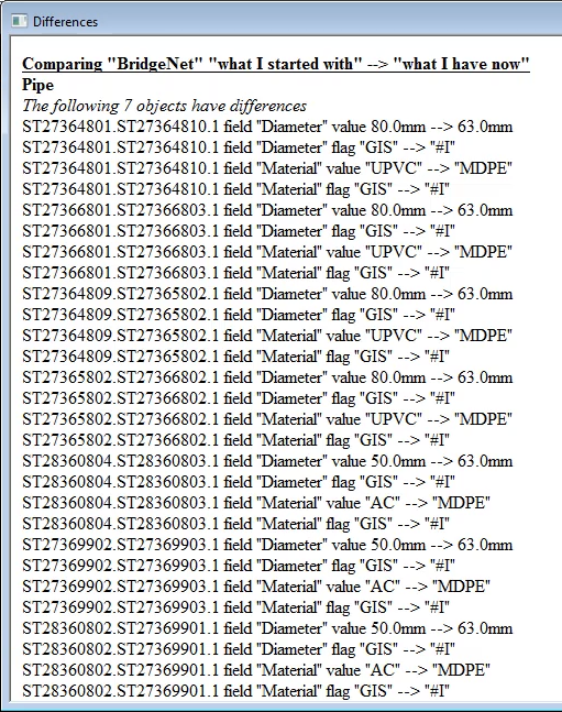 The Differences window with a list of changes in pipe objects.