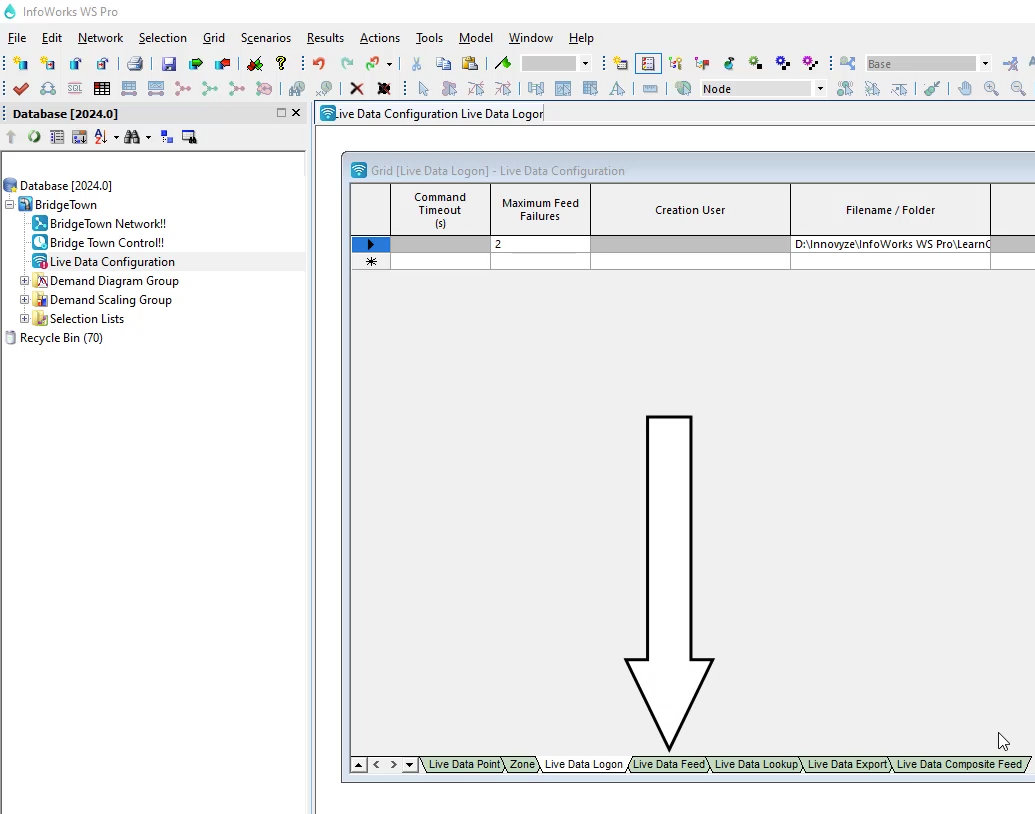 In the InfoWorks WS Pro interface, the LiveData Feed grid window with the Live Data Feed tab called out.