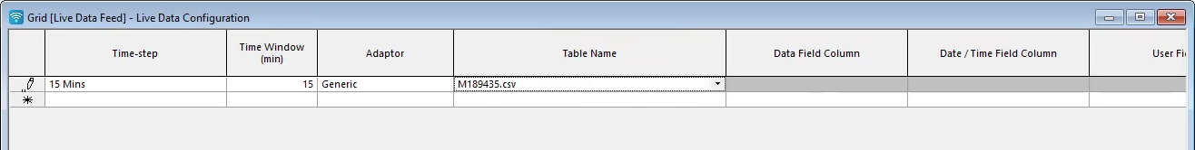 The Live Data Feed grid window, Live Data Feed tab, with values entered in the first row and cells that do not require information grayed out.