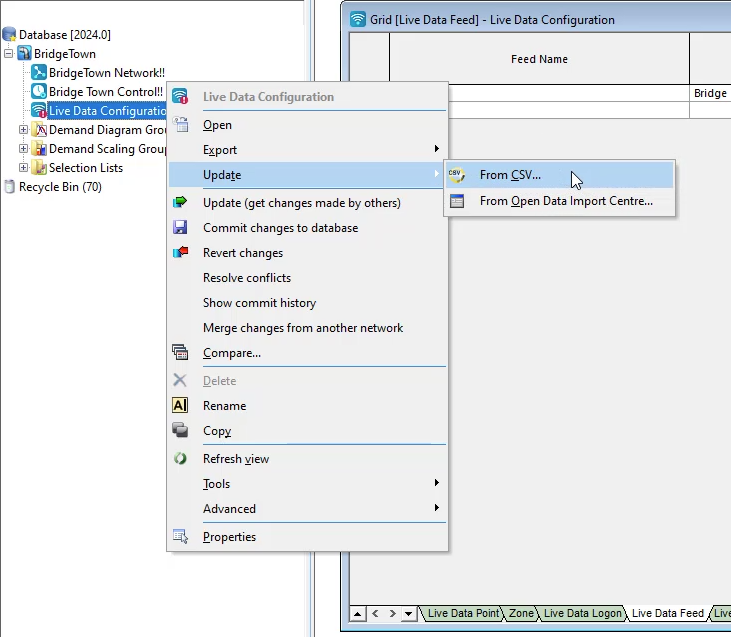 In the Model Group, the Live Data Configuration shortcut menu displayed with Update selected, and in the flyout, From CSV selected.