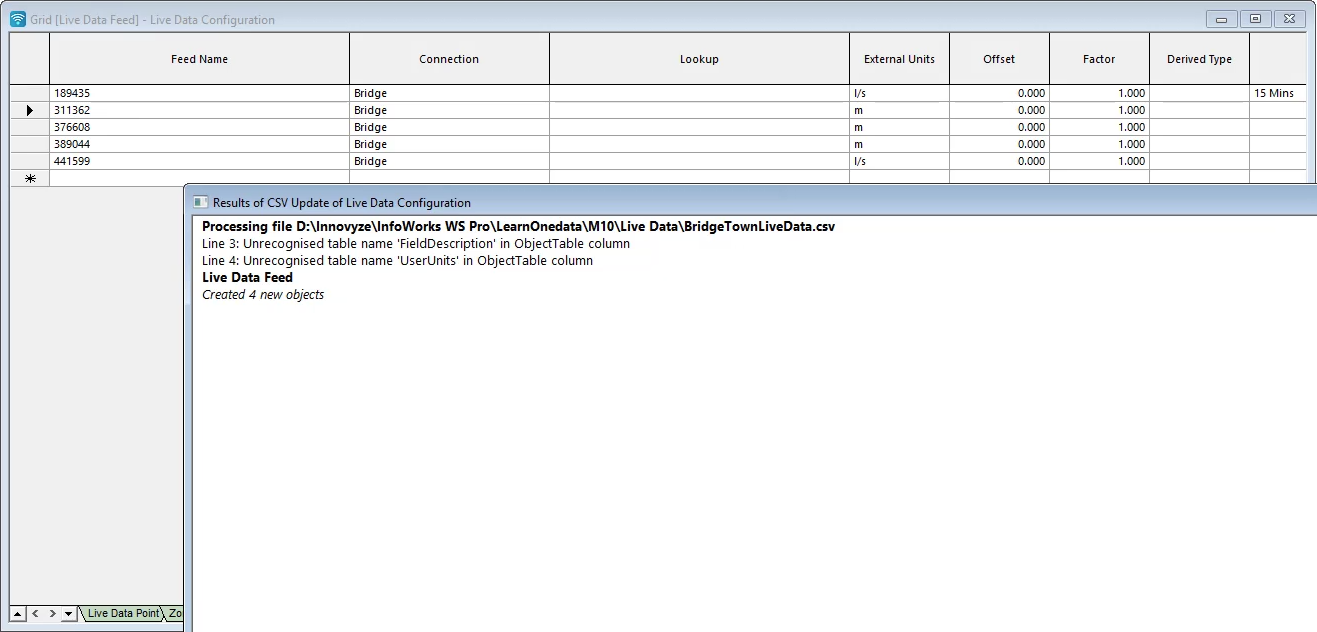 The Live Data Feed table with new feeds listed, and a Results window with results of the CSV data import.