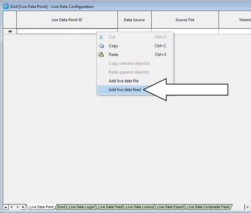 In the Live Data Point table, the Live Data Point ID shortcut menu with Add live data feed selected and called out.