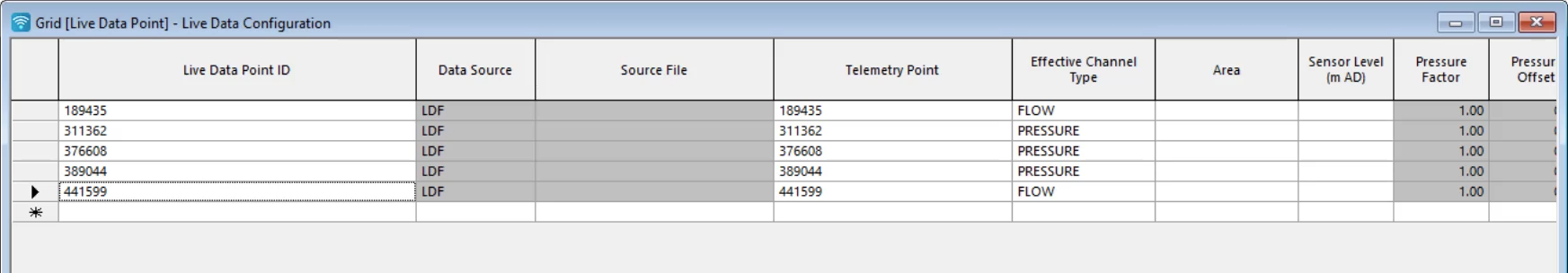 The Live Data Point table populated with the data entered into the Live Data Feed table.