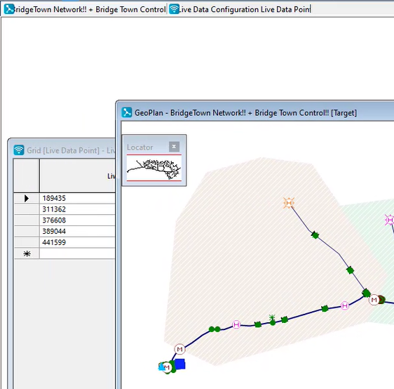 Live Data Configuration grid window open in the background of the workspace with the network and control GeoPlan window in the foreground.