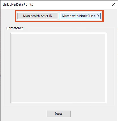 Link Live Data Points dialog box with Match with Asset ID and Match with Node/Link ID highlighted.