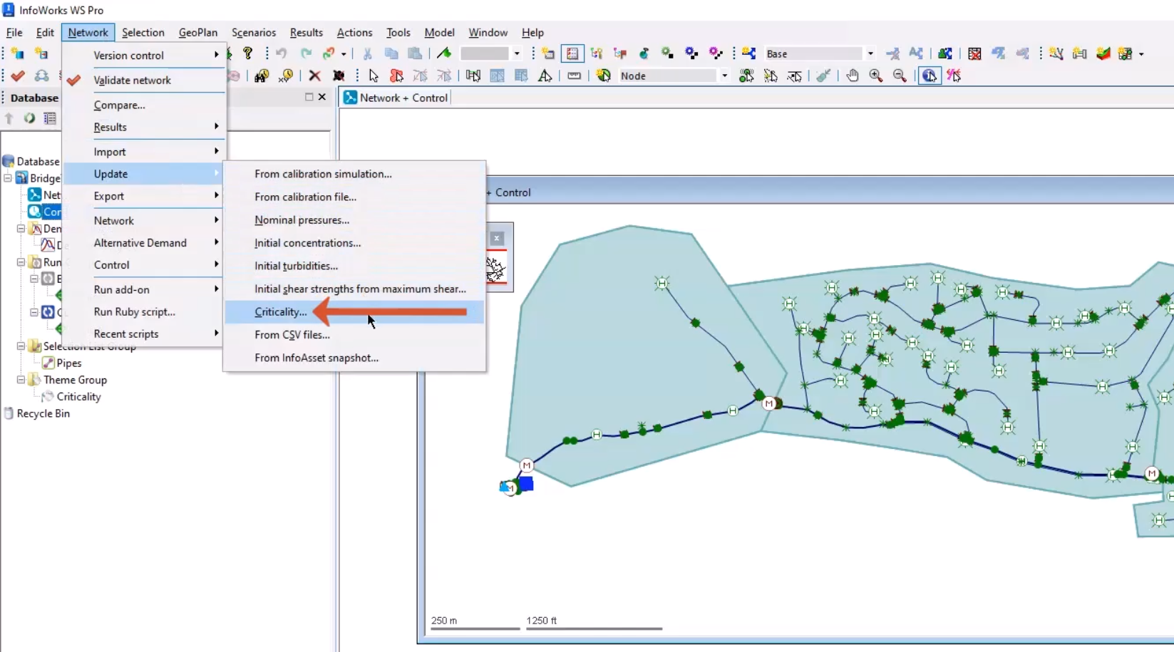 In the InfoWorks WS Pro interface, Update selected in the Network menu, and in the flyout, Criticality selected and called out.