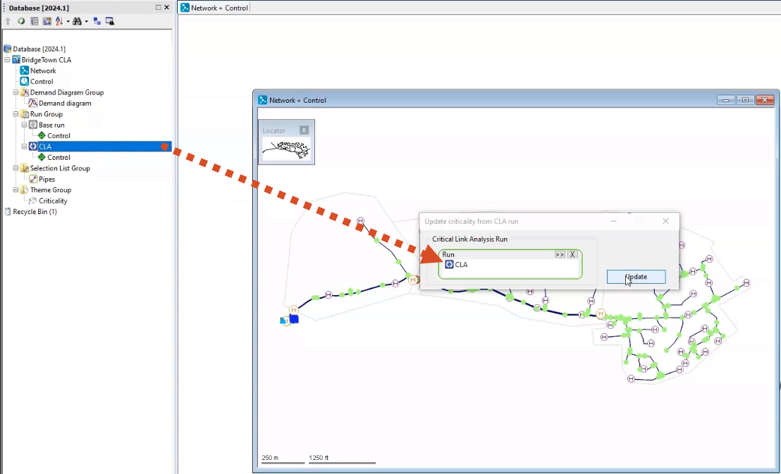 The Network – Control window in the background, with the Update criticality from CLA run dialog box open in the foreground, with the completed CLA run dragged and dropped from the Model Group window into the Run box and Update being selected.