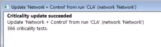 The notification dialog box, informing the user that the Criticality update succeeded, and that there was a total of 366 tests in this example.