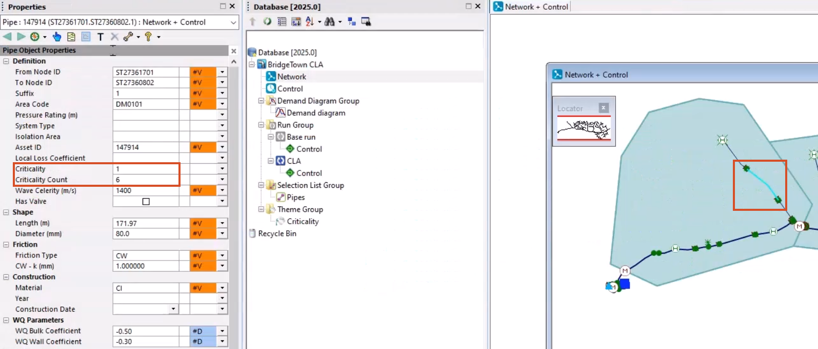 The Properties window, Model Group window, and Network open, with a pipe in the network selected and highlighted, and in the Properties window, the Criticality and Criticality Count values highlighted.