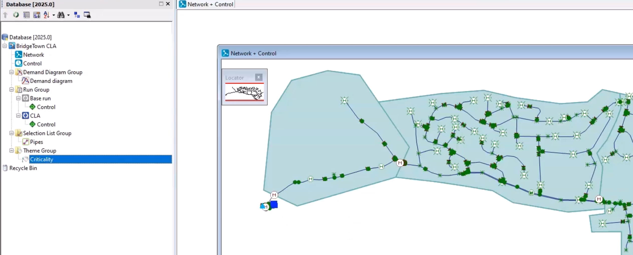 The final CLA shown in the Network + Control window, with a Criticality theme applied, and the color of the pipes changed, based on the updated criticality.